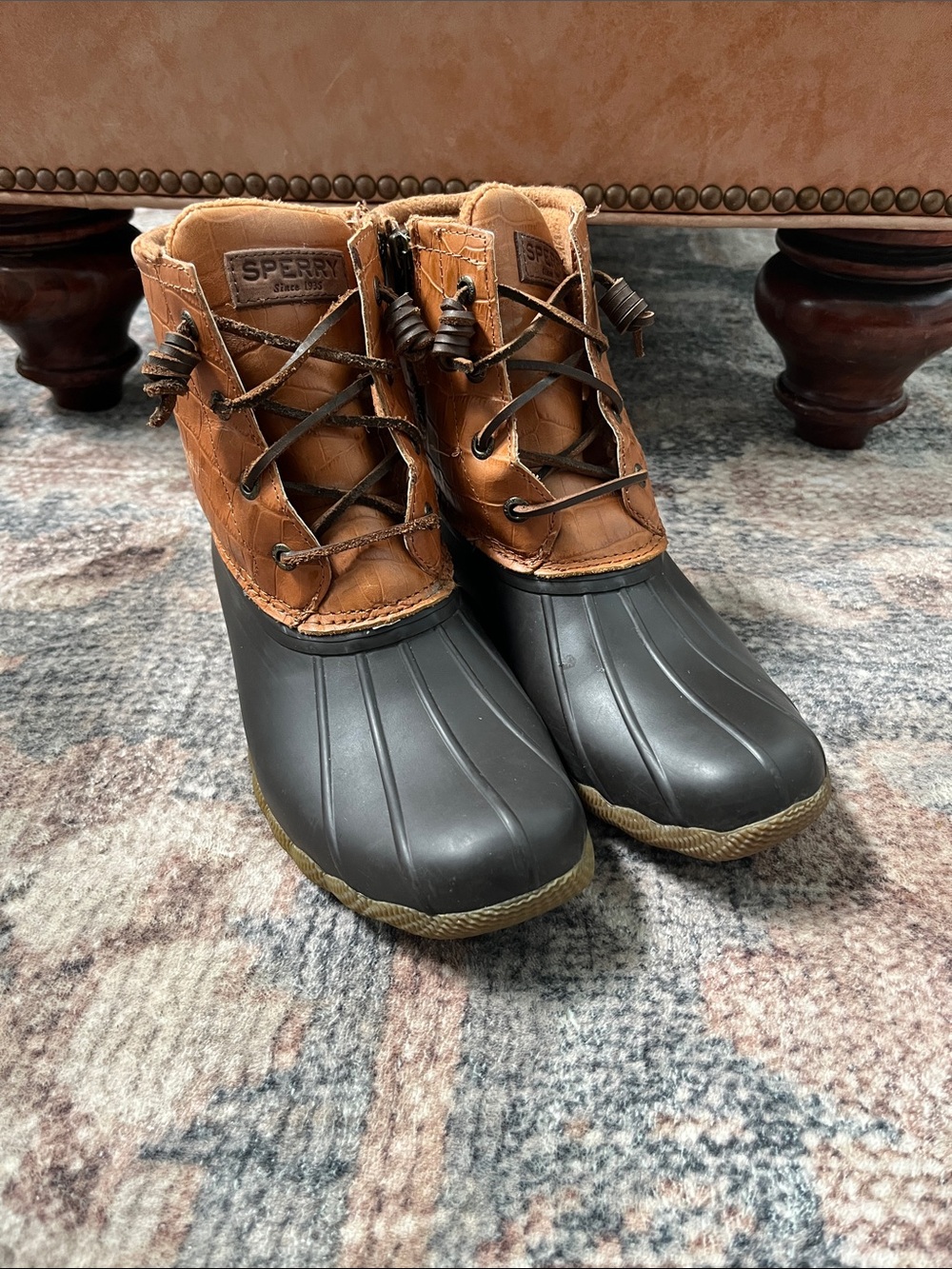 Sperry Crocodile Brown Leather and Black Rubber Duck Boots